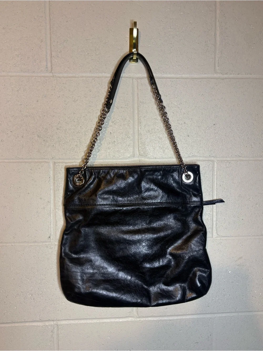 Coach slim poppy tote black patent leather silver chain hardware
